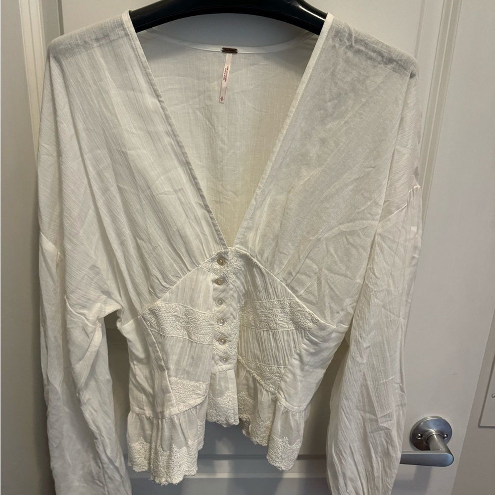 Free People - Cream Long Sleeve Peplum Blouse- Size S/P
